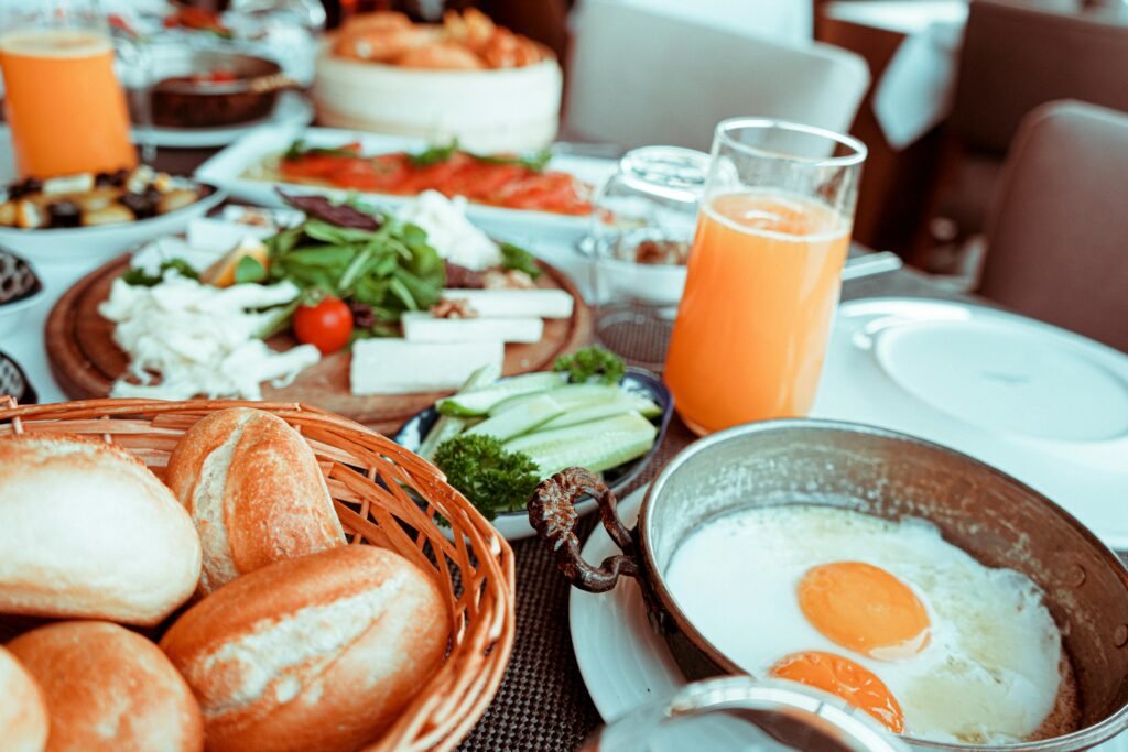 a table with food and drinks